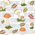 Seamless autumn background with wild mushrooms with a red cap and autumn leaves on a background of horizontal stripes