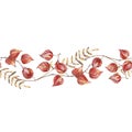 Seamless autumn border of watercolor physalis branches