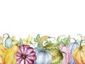 Seamless autumn border with watercolor pumpkins, leaves and flowers