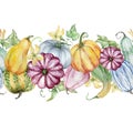 Seamless autumn border with watercolor pumpkins, leaves and flowers