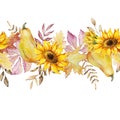 Seamless autumn border with watercolor pumpkins, leaves and sunflowers