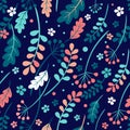 Seamless autumn leaves pattern. Vector rowan, cranberry and viburnum berries, the oak leaves, shepherd `s purse leaf fall color Royalty Free Stock Photo