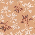 Seamless autumn pattern with branch contoured silhouettes. White outline botanic ornament on orange background Royalty Free Stock Photo