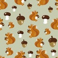 A seamless autumn pattern with a cute squirrel, acorns and mushrooms