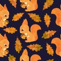 Seamless Autumn Pattern With Cute Watercolor Squirrels And Oak Leaves