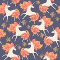 Seamless autumn pattern with fairy unicorns and golden maple leaves isolated on dark blue background in vector Royalty Free Stock Photo