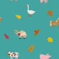 Seamless Autumn Pattern With Farm Animal Ram, Goose, Cow, Pig, Horse. Vector Background Cartoon Style