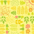 Seamless autumn pattern with flowers and foliage on a yellow background. Royalty Free Stock Photo