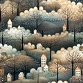 Seamless autumn pattern with houses, hills and trees. Repetition background in soft neutral colors, texture design for fabric