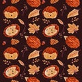 Seamless Autumn Pattern with Leaves and Hedgehog.