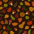 Seamless autumn pattern with leaves mushrooms fruits acorns and plants