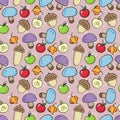 Seamless autumn pattern with muchrooms, acorns, apples and physa