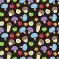 Seamless autumn pattern with muchrooms, acorns, apples and physa Royalty Free Stock Photo