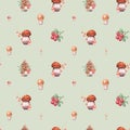 Seamless autumn pattern with mushrooms and berries on the background.