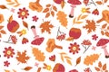 Seamless autumn pattern with mushrooms, flowers, leaves, apples on a white background. Vector graphics Royalty Free Stock Photo