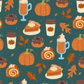 Seamless autumn pattern with pumpkin drinks and desserts. Vector graphics