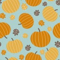 Seamless autumn pattern with pumpkins and fall leaves. Thanksgiving background. Vector illustration. Royalty Free Stock Photo