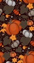 Seamless autumn pattern with pumpkins, foliage and vine curls. Vector flat texture with vegetables, dots and leaves. Warm color