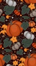 Seamless autumn pattern with pumpkins, foliage and vine curls. Vector flat texture with vegetables and leaves. Warm color