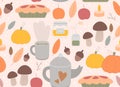 Seamless autumn pattern. Teapot and cup, forest leaves and mushrooms, pie and pumpkins. Thanksgiving holiday background. Cozy fall Royalty Free Stock Photo