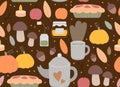 Seamless autumn pattern. Teapot and cup, forest leaves and mushrooms, pie and pumpkins. Thanksgiving holiday background. Cozy fall Royalty Free Stock Photo