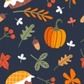 Seamless autumn pattern for thanksgiving. Autumn leaves, orange pumpkins, birthday cake, berries and acorns. Vector illustration Royalty Free Stock Photo