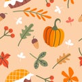 Seamless autumn pattern for thanksgiving. Autumn leaves, orange pumpkins, birthday cake, berries and acorns. Vector illustration Royalty Free Stock Photo