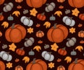 Seamless autumn pattern with various gray and orange pumpkins and yellow flowers on dark background. Vector texture Royalty Free Stock Photo