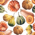 Seamless autumn watercolor pumpkin pattern