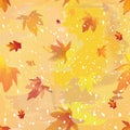 Seamless autumnal watercolorl pattern with stylized leaf fall and snowfall on grunge stained background