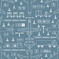 Seamless aviation pattern with airplanes and airport vehicles on gray background
