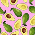 Seamless avocado background. Halves and whole fruits on a pink background.