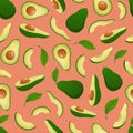 Seamless avocado pattern. Diet fruit, healthy natural food and ripe avocados vector illustration Royalty Free Stock Photo