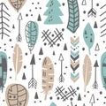 Seamless Aztec Tribal pattern with feather and arrows. Royalty Free Stock Photo