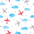 Seamless baby boy pattern with watercolor planes and clouds. Royalty Free Stock Photo