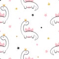 Seamless baby dinosaur princess pattern. Vector cute dino animal illustration for kids