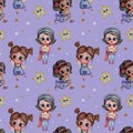 Seamless baby pattern. beautiful girl in dress caught star and runs, cute girl with hairstyle catches star on lilac