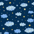 Seamless baby pattern with blue clouds and yellow stars, on dark background Royalty Free Stock Photo