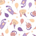 Seamless baby pattern with cute cartoon cats in birthday caps and balloons. Creative background. Ideal for kids` design, fabric, Royalty Free Stock Photo