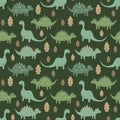 seamless baby pattern with cute dinosaurs and trees.