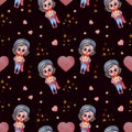 Seamless baby pattern. Cute girl in winter clothes with star on burgundy background with heart with stars. Waterolor