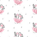 Seamless baby pattern with cute little mice in umbrella