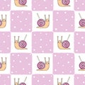 Seamless baby pattern with cute snail. Checked vector background Royalty Free Stock Photo