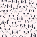 Seamless baby pattern with dog animal muzzles. Monochrome on a colored background.