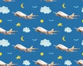 Seamless baby pattern with flying planes,clouds, moons, stars in night sky in watercolor style