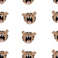 Seamless baby pattern with the head of a tiger cub that growls or yawns. Children`s illustration for books, wallpapers, clothes
