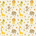 Seamless baby pattern with lion, giraffe, monkey and crocodile on white. Vector illustration with wild animals in jungle for kids.