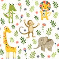 Seamless baby pattern with lion, giraffe, monkey and crocodile on white. Vector illustration with wild animals in jungle for kids.