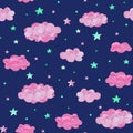 Seamless baby pattern of pink clouds and turquoise stars, on dark background