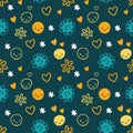 Seamless baby pattern with smileys, flowers. Royalty Free Stock Photo